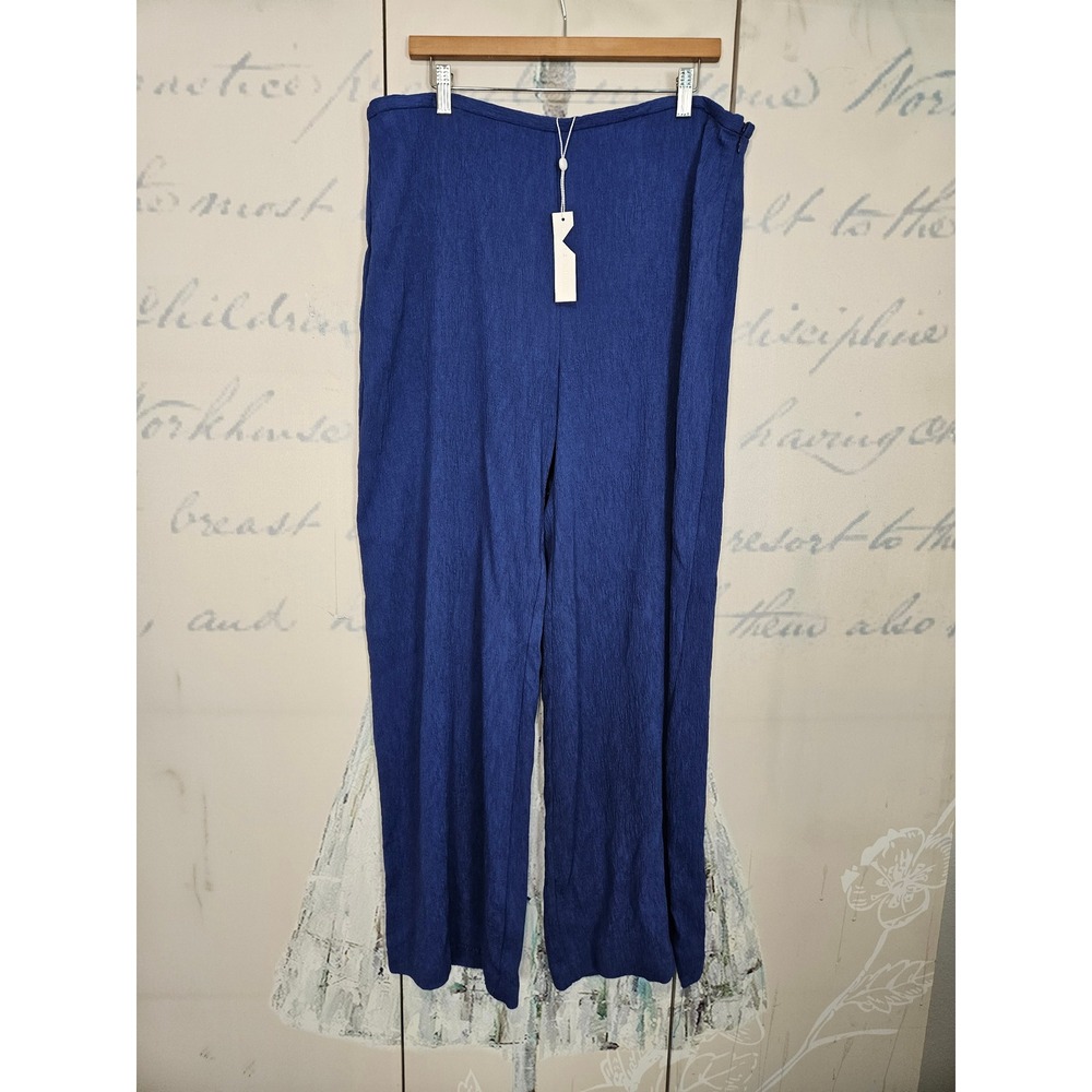 NWT Trina Turk Long Weekend Pant 14 Blue Aruba Wide Leg Textured Crepe High Rise